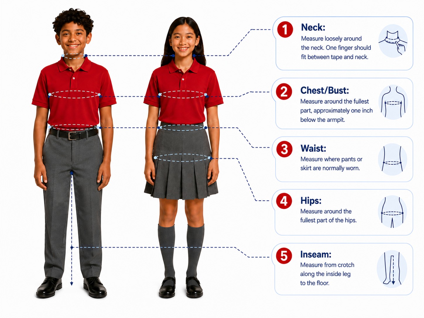 Illustrated guide showing how to measure a child for school uniform sizing
