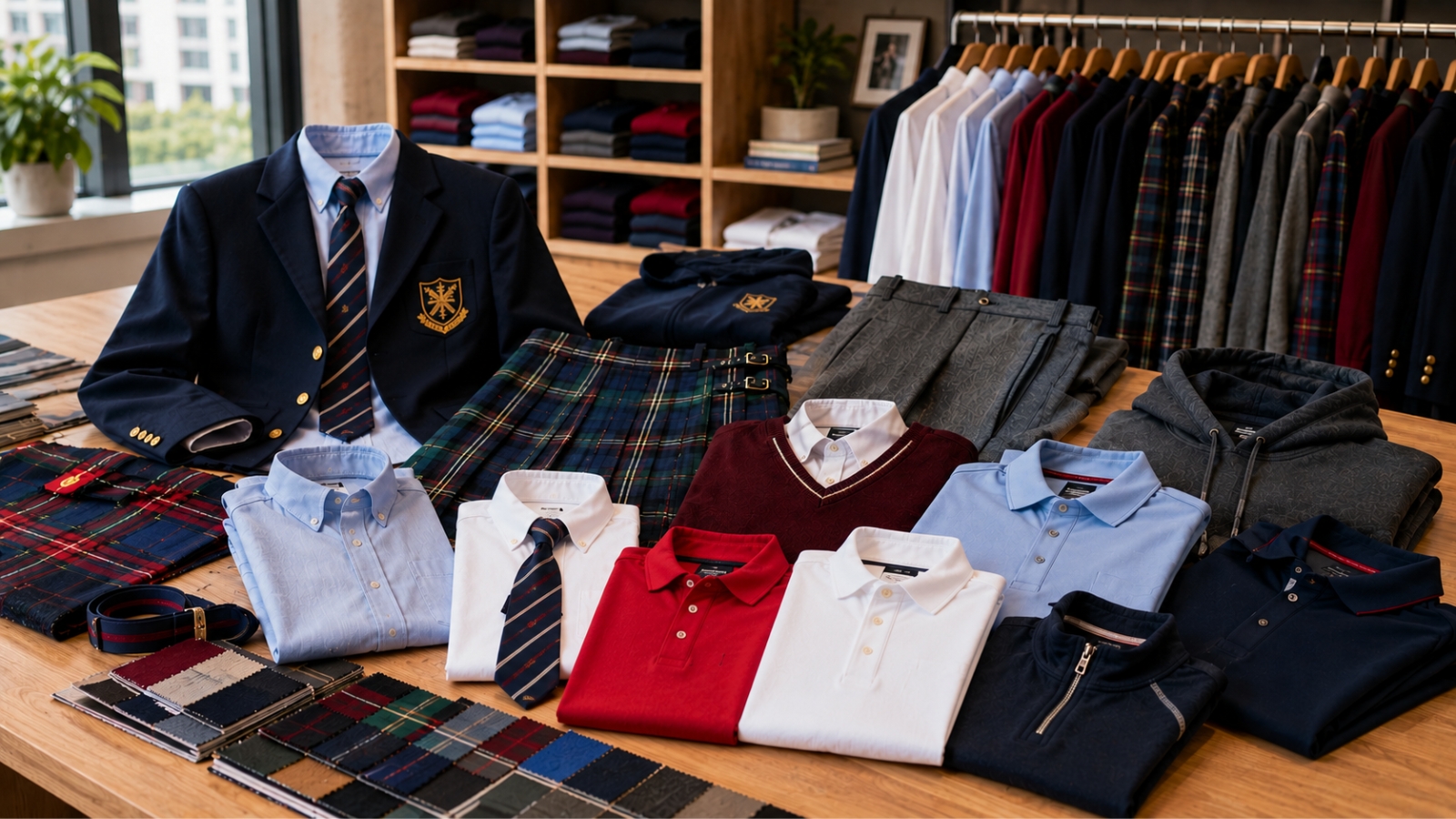 Assortiment coordonné d’uniformes scolaires Top Marks comprenant des blazers, des tartans, des polos et des tricots