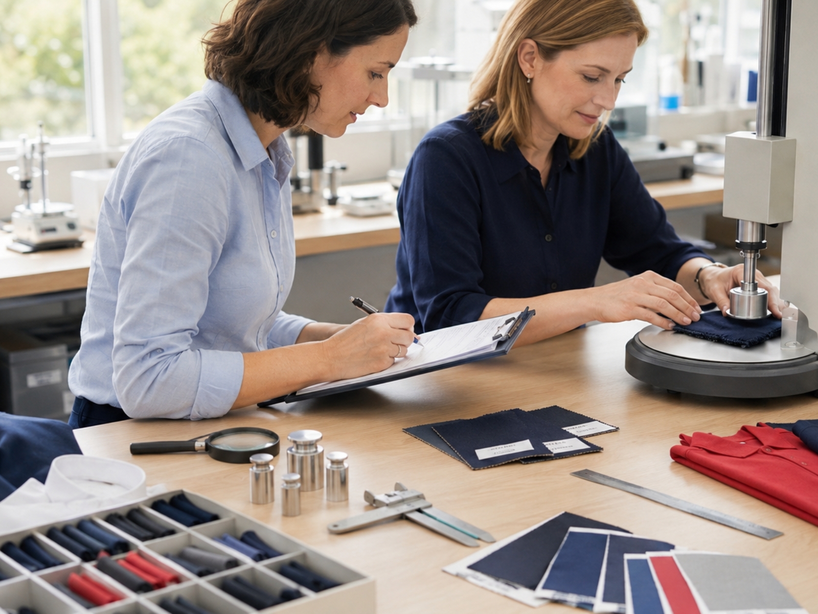 Textile quality specialists testing school uniform fabric and recording results